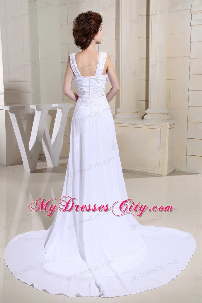 High Slut Straps Ruched Court Train White Prom Dress with Cut Outs