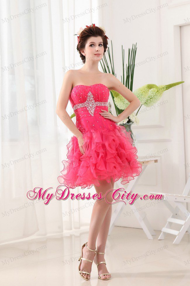 Beaded Ruffled Layers Hot Pink Short Prom Dress With Ruching