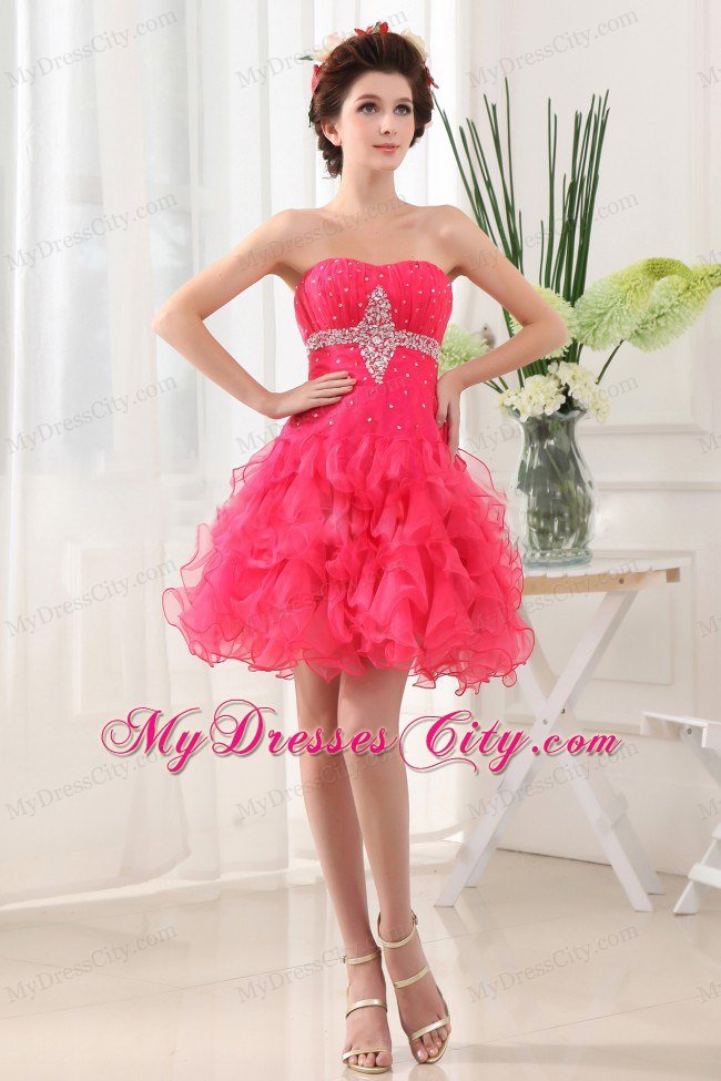 Beaded Ruffled Layers Hot Pink Short Prom Dress With Ruching