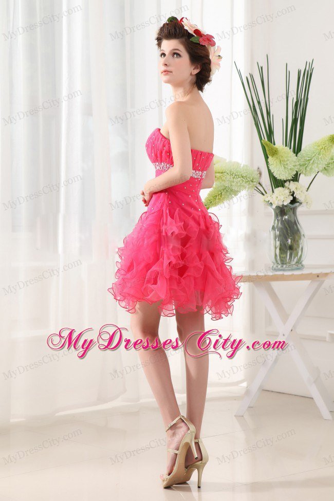 Beaded Ruffled Layers Hot Pink Short Prom Dress With Ruching