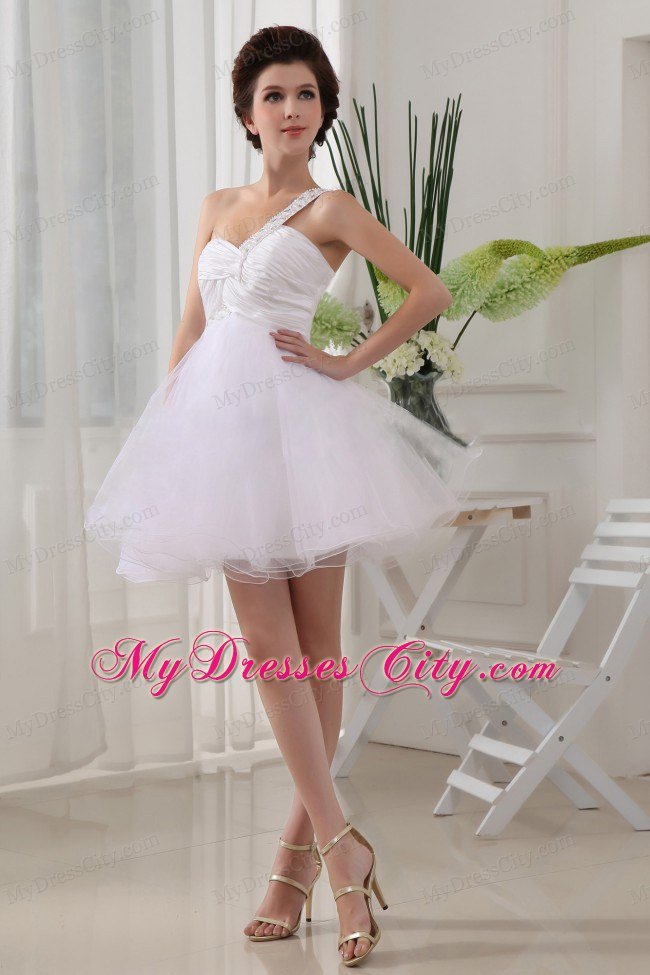 Organza Beaded One Shoulder Ruching For White Short Prom Dress