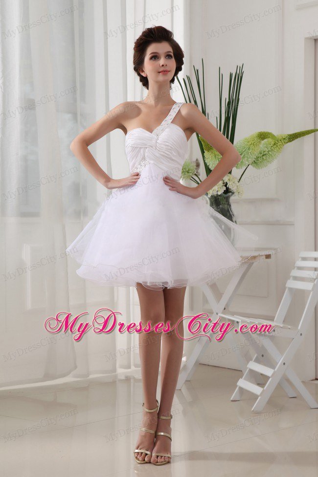 Organza Beaded One Shoulder Ruching For White Short Prom Dress