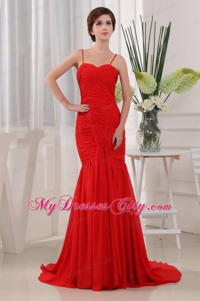 Mermaid Spaghetti Straps Red Chiffon Brush Ruched Dress for Prom