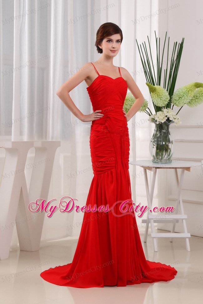 Mermaid Spaghetti Straps Red Chiffon Brush Ruched Dress for Prom