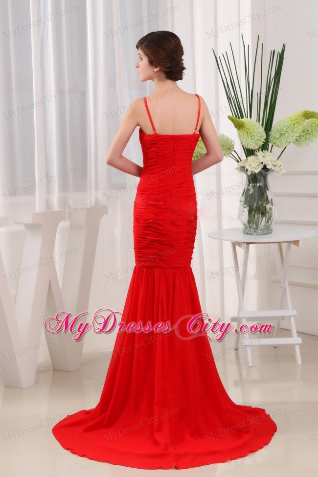 Mermaid Spaghetti Straps Red Chiffon Brush Ruched Dress for Prom