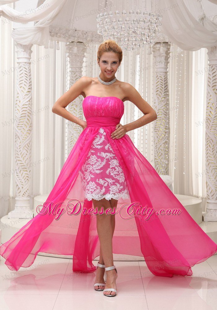 Hot Pink High-low Chiffon and Lace Prom Dress For 2013