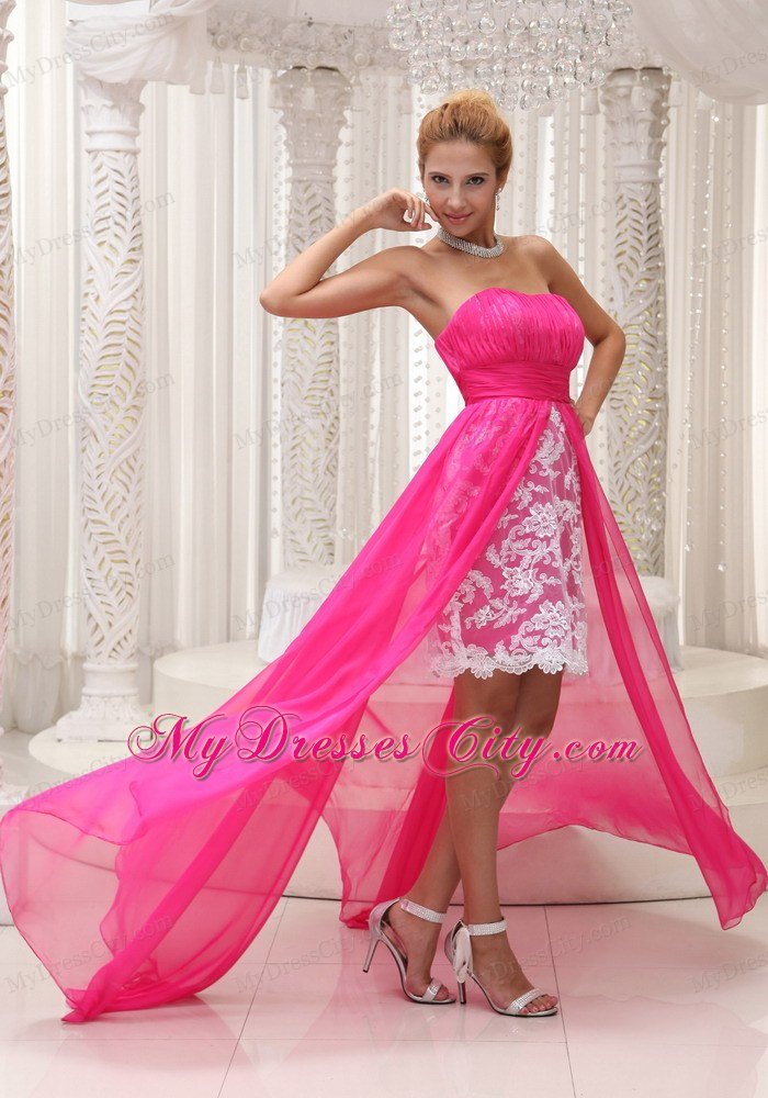 Hot Pink High-low Chiffon and Lace Prom Dress For 2013