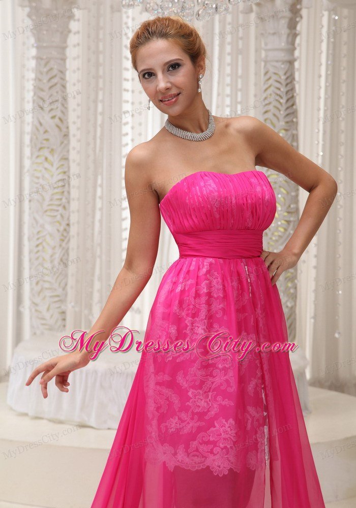 Hot Pink High-low Chiffon and Lace Prom Dress For 2013