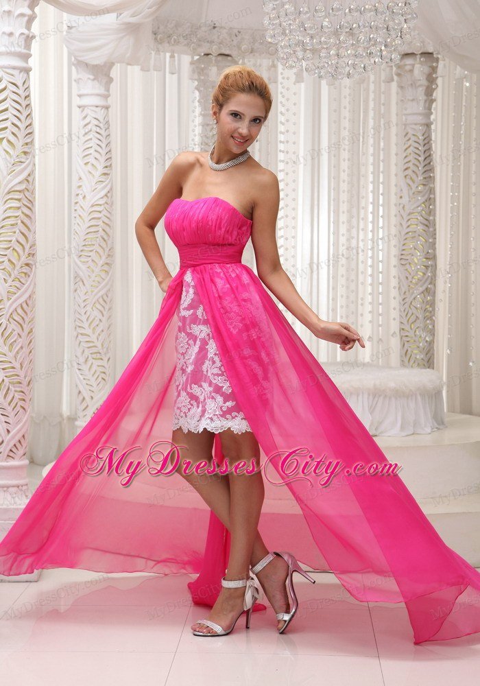 Hot Pink High-low Chiffon and Lace Prom Dress For 2013