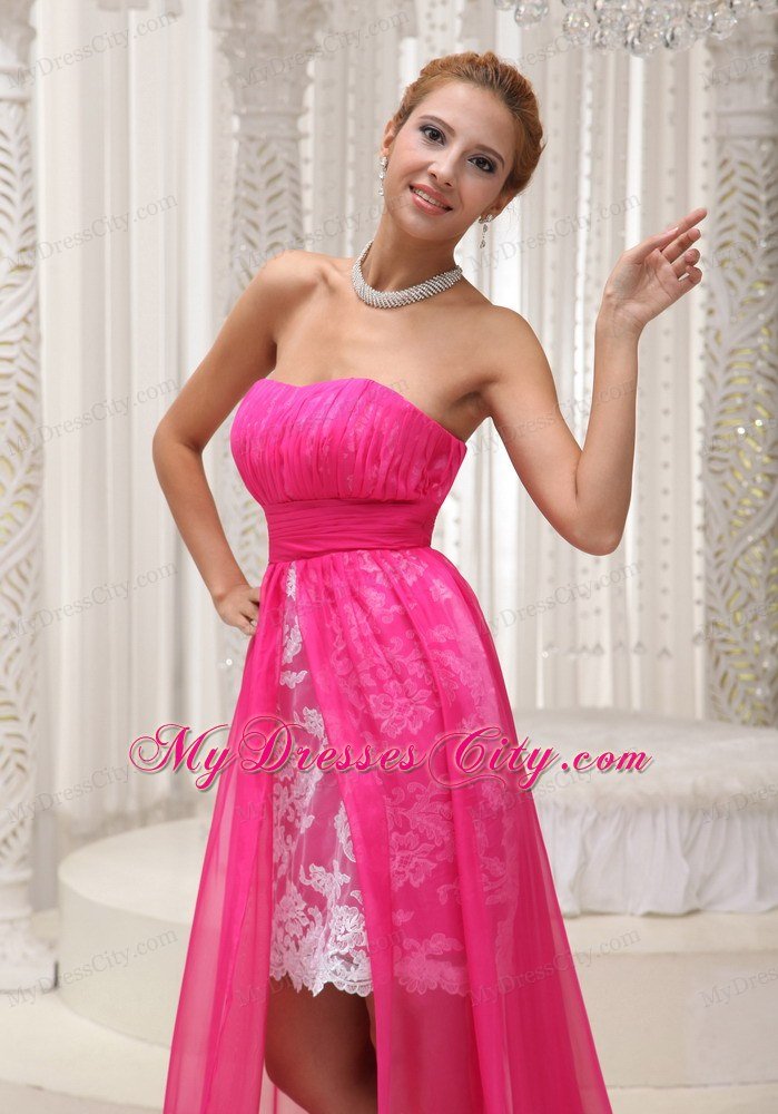 Hot Pink High-low Chiffon and Lace Prom Dress For 2013