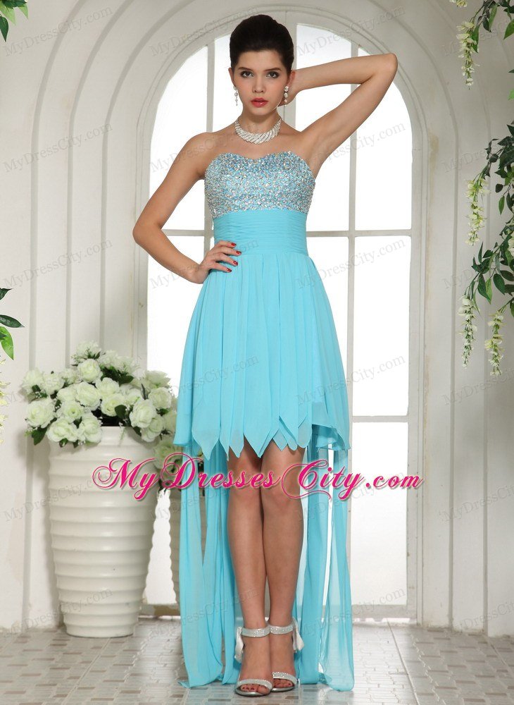 Aqua Blue Beaded Sweetheart 2013 High-low Prom Dress