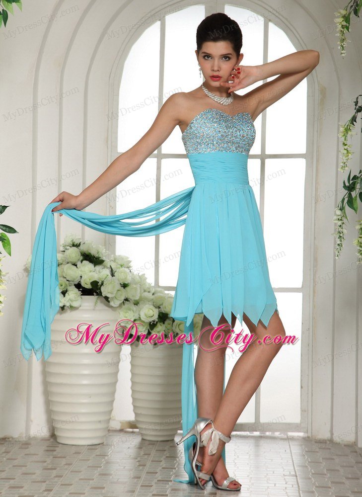 Aqua Blue Beaded Sweetheart 2013 High-low Prom Dress