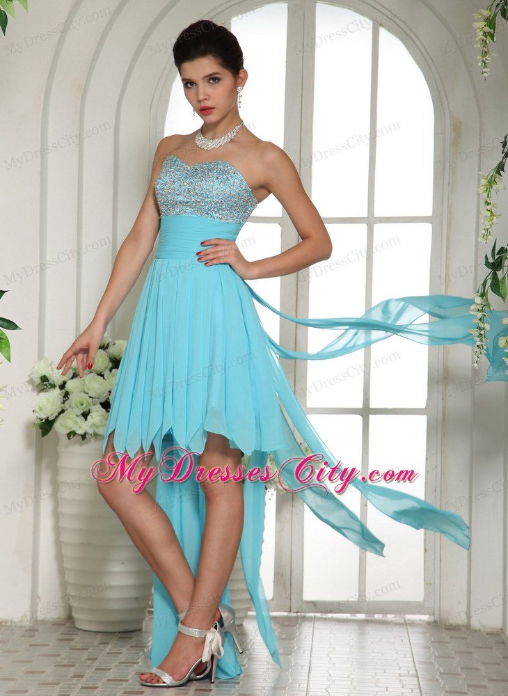 Aqua Blue Beaded Sweetheart 2013 High-low Prom Dress