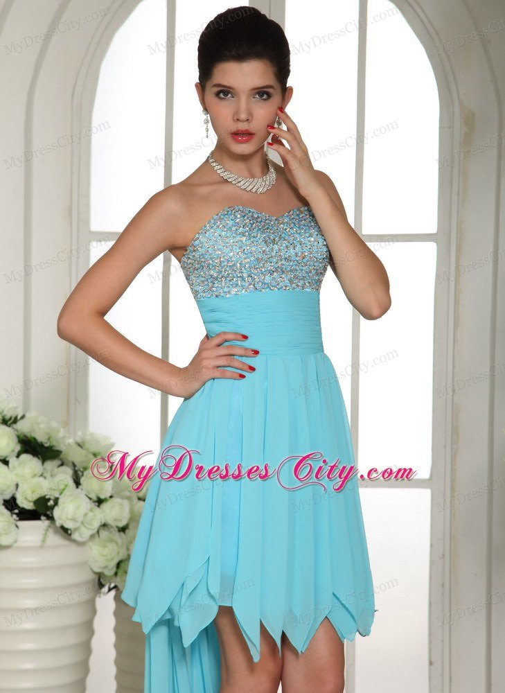 Aqua Blue Beaded Sweetheart 2013 High-low Prom Dress