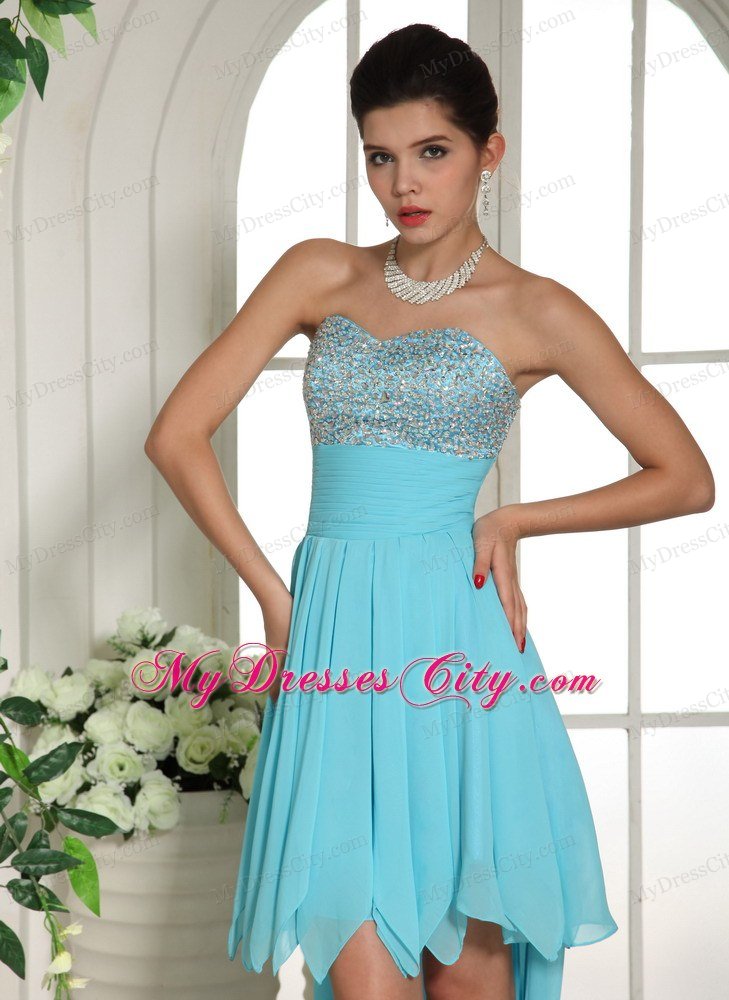 Aqua Blue Beaded Sweetheart 2013 High-low Prom Dress