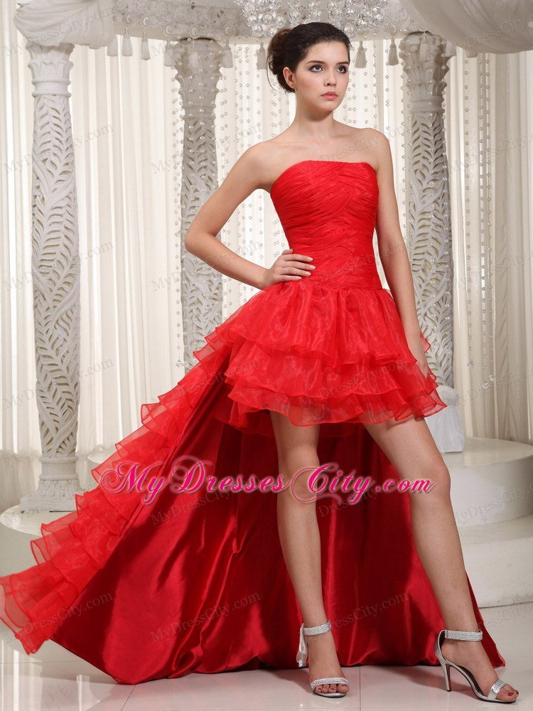 High-low Strapless Red Ruffles Organza Dress For Prom