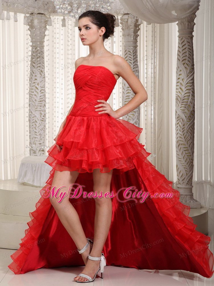 High-low Strapless Red Ruffles Organza Dress For Prom