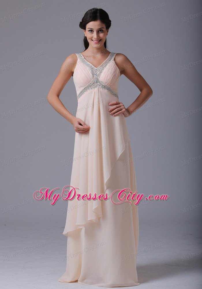 Lovely Cream Colored V-neck 2013 Prom Dress With Beading