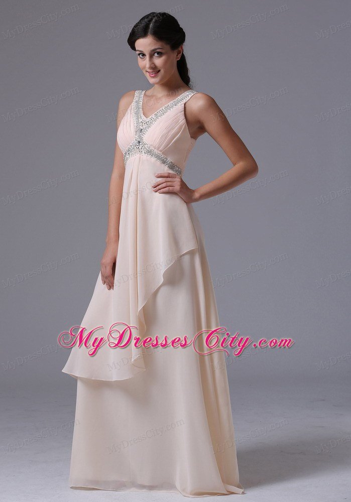 Lovely Cream Colored V-neck 2013 Prom Dress With Beading