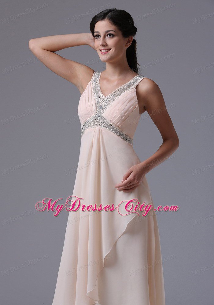 Lovely Cream Colored V-neck 2013 Prom Dress With Beading