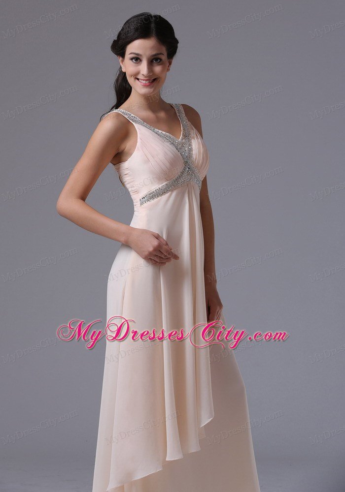 Lovely Cream Colored V-neck 2013 Prom Dress With Beading