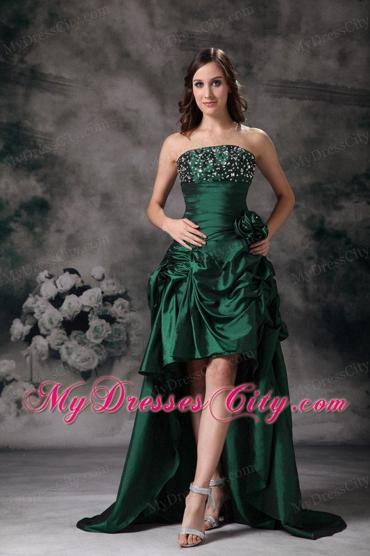 Unique Strapless High-low Green Prom Dress with Beading