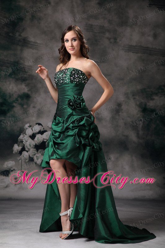 Unique Strapless High-low Green Prom Dress with Beading