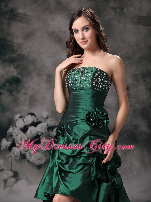 Unique Strapless High-low Green Prom Dress with Beading