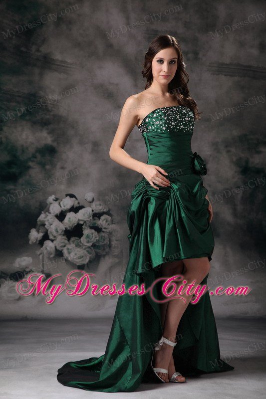 Unique Strapless High-low Green Prom Dress with Beading