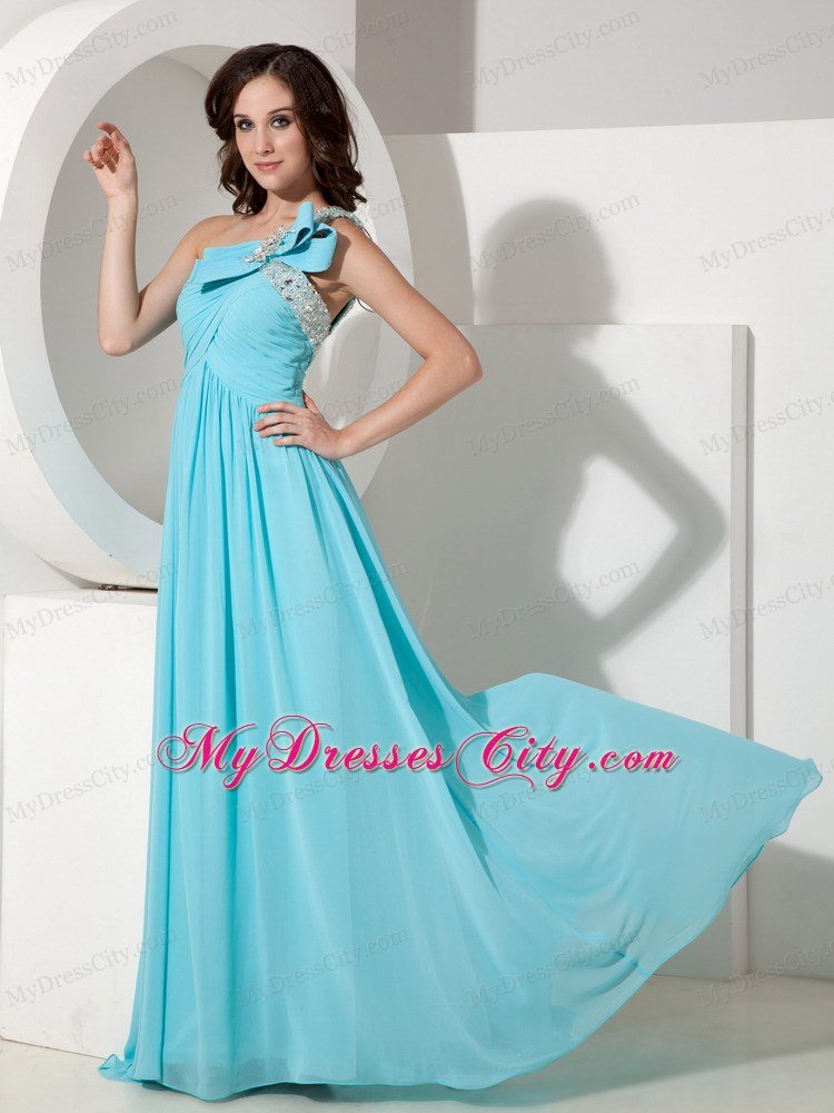 Aqua Empire One Shoulder Prom Dress with Chiffon Beading