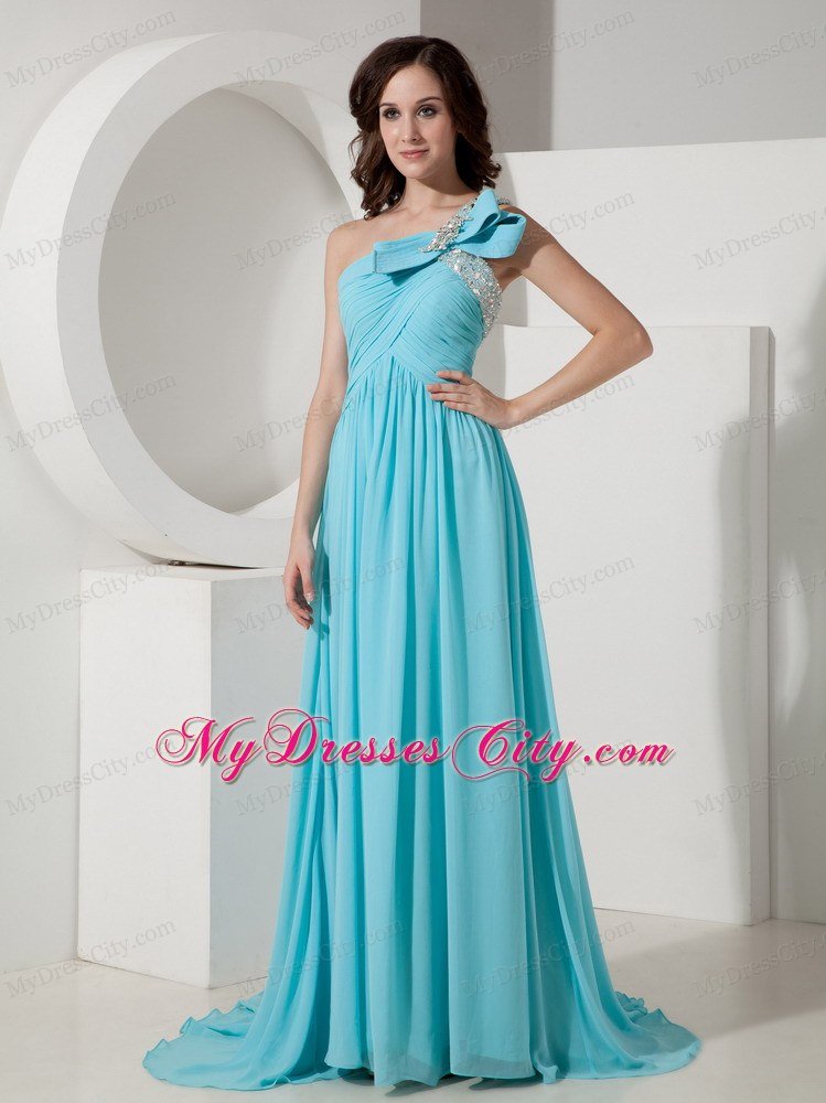 Aqua Empire One Shoulder Prom Dress with Chiffon Beading