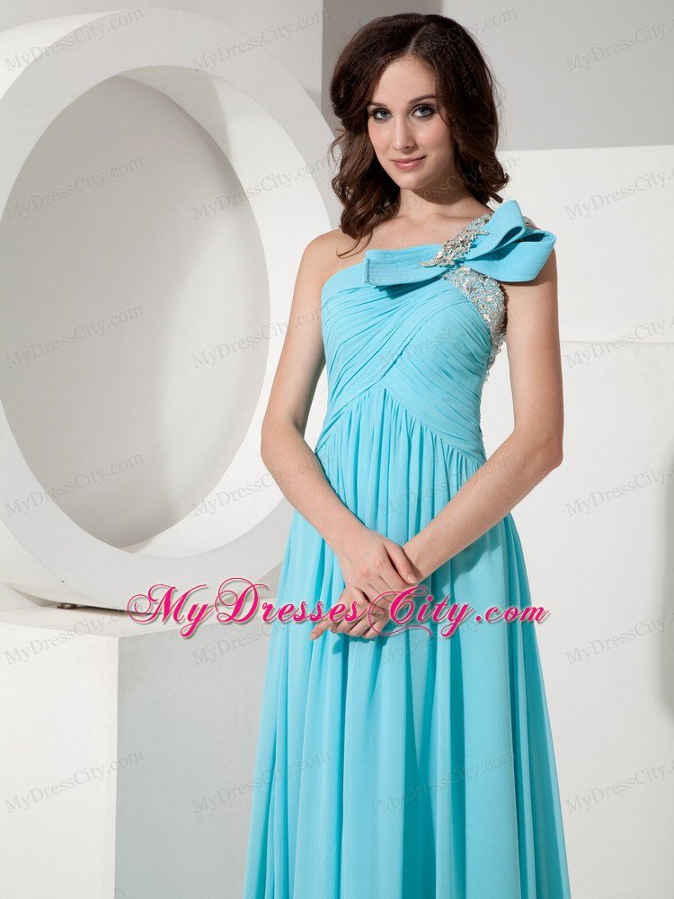 Aqua Empire One Shoulder Prom Dress with Chiffon Beading