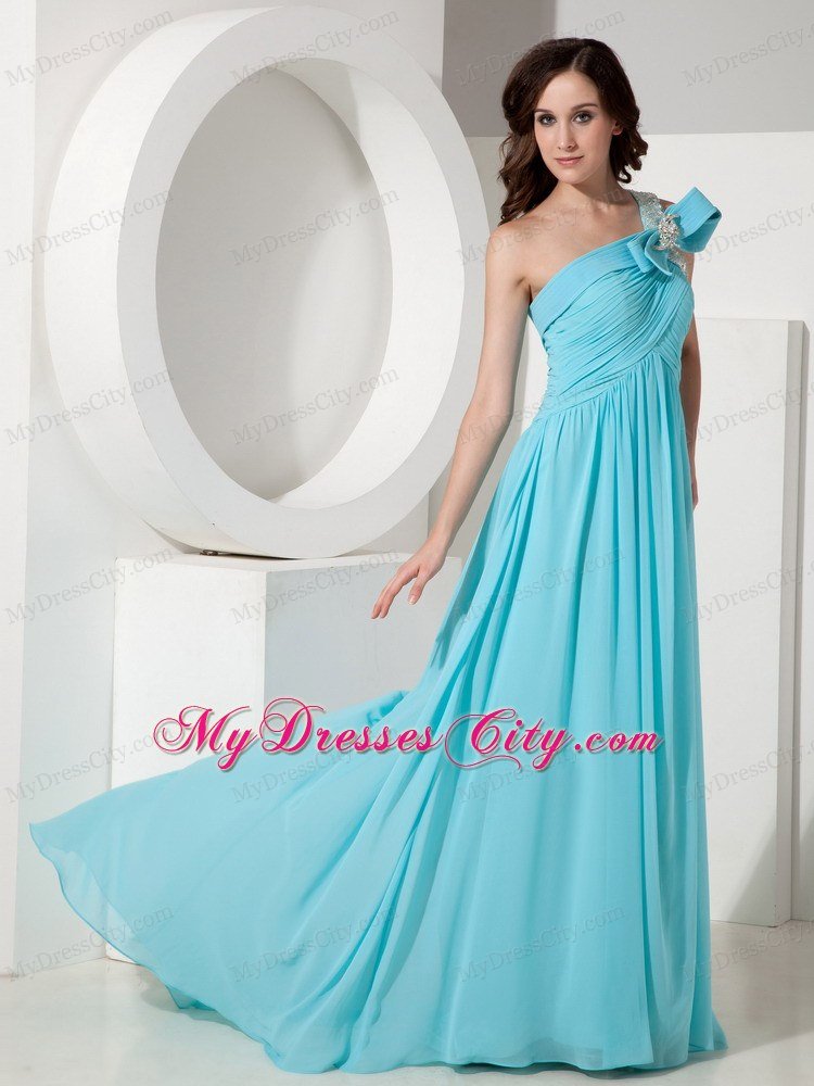 Aqua Empire One Shoulder Prom Dress with Chiffon Beading