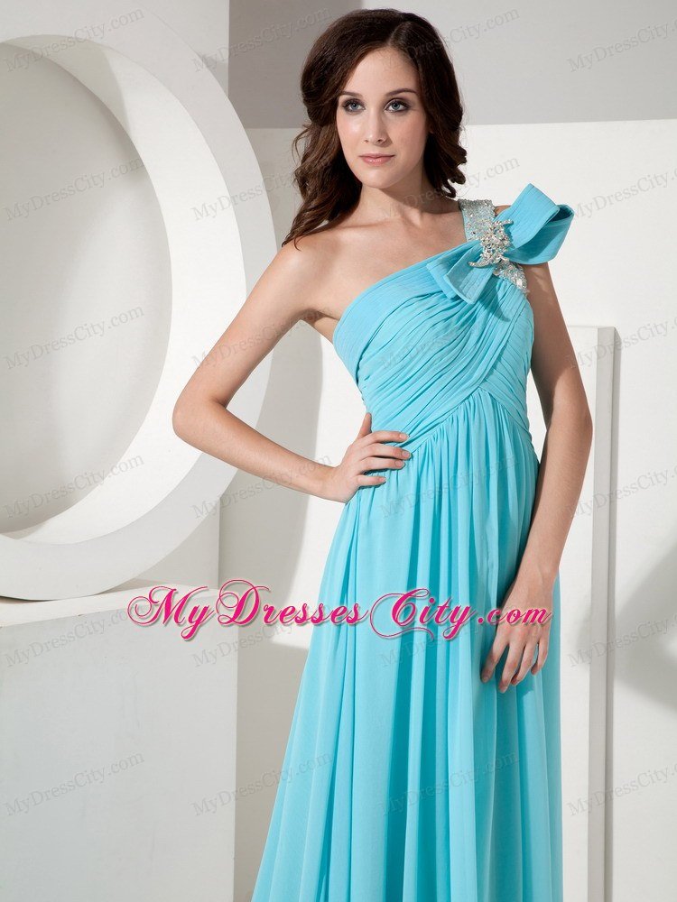 Aqua Empire One Shoulder Prom Dress with Chiffon Beading