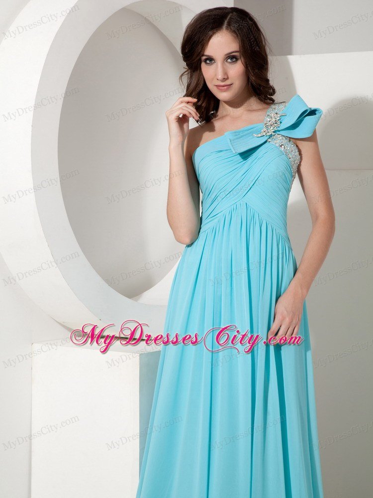 Aqua Empire One Shoulder Prom Dress with Chiffon Beading