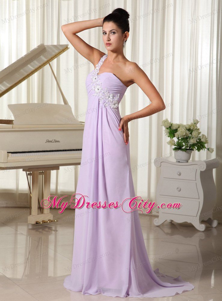 One Shoulder Chiffon Appliques Decorate Long Lilac Prom Gown