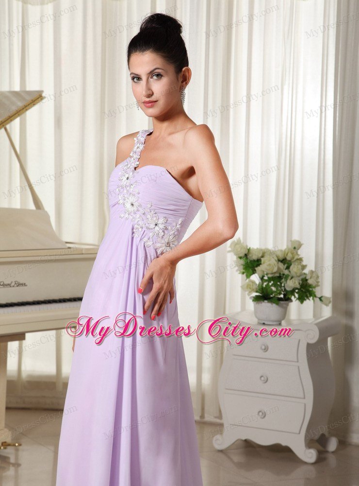 One Shoulder Chiffon Appliques Decorate Long Lilac Prom Gown