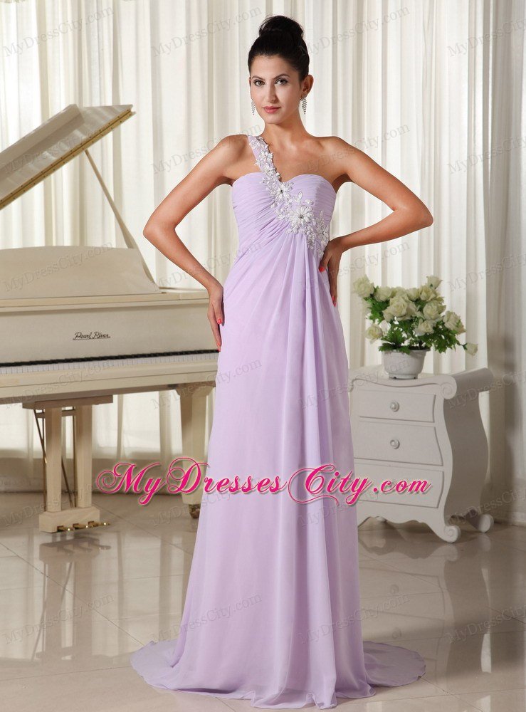 One Shoulder Chiffon Appliques Decorate Long Lilac Prom Gown