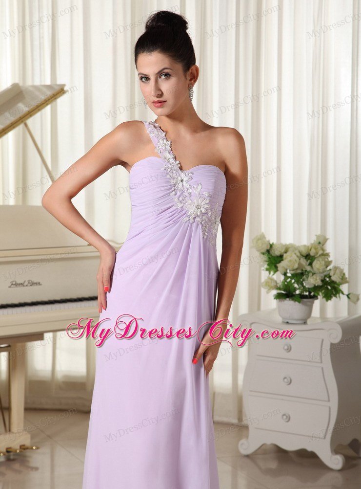 One Shoulder Chiffon Appliques Decorate Long Lilac Prom Gown