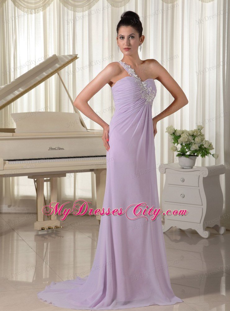 One Shoulder Chiffon Appliques Decorate Long Lilac Prom Gown