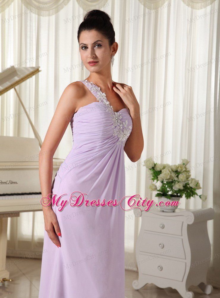 One Shoulder Chiffon Appliques Decorate Long Lilac Prom Gown