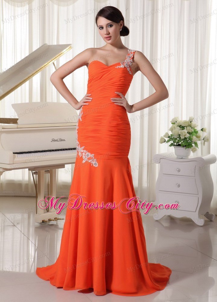 Appliques Chiffon Orange Red Prom Dress with Single Shoulder