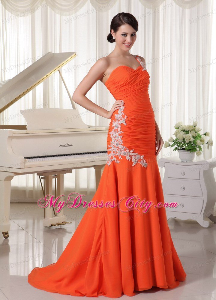 Appliques Chiffon Orange Red Prom Dress with Single Shoulder