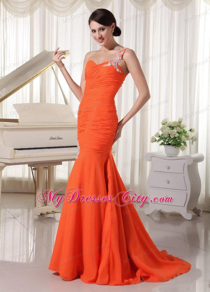 Appliques Chiffon Orange Red Prom Dress with Single Shoulder