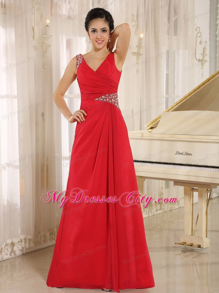 Red Beaded Decorate V-neck Prom Dress For 2013 Spring