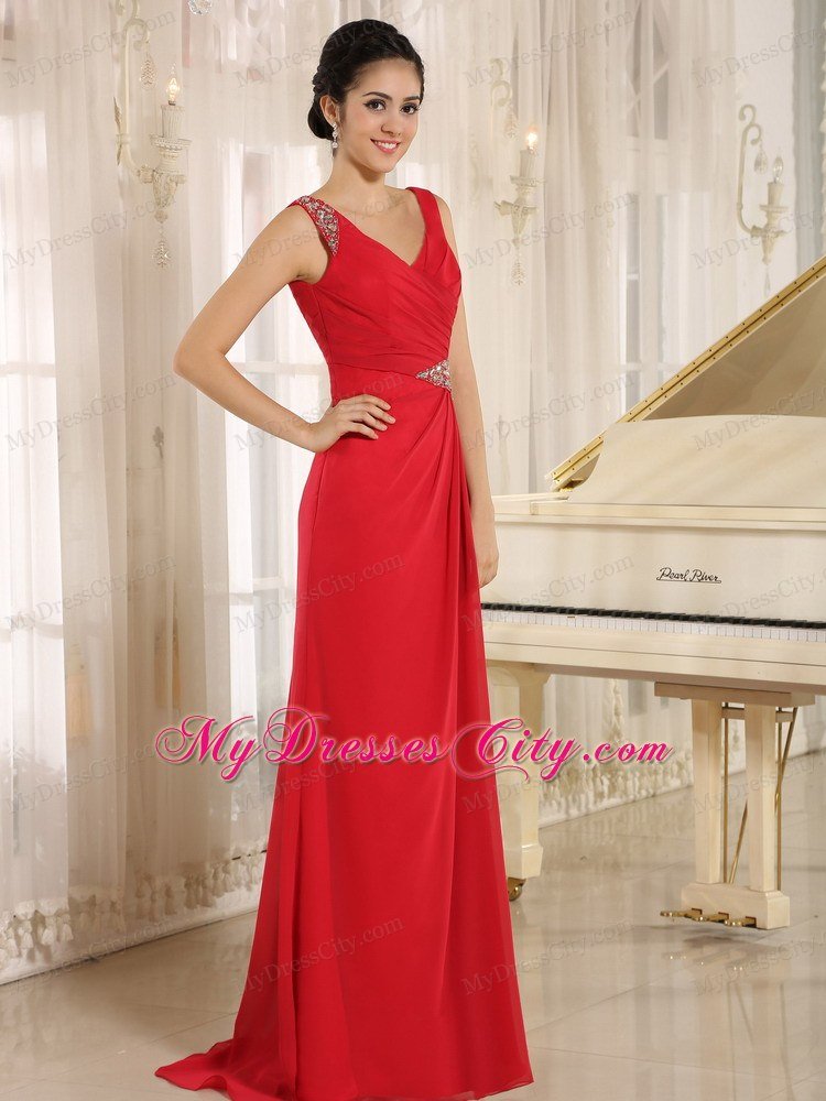 Red Beaded Decorate V-neck Prom Dress For 2013 Spring