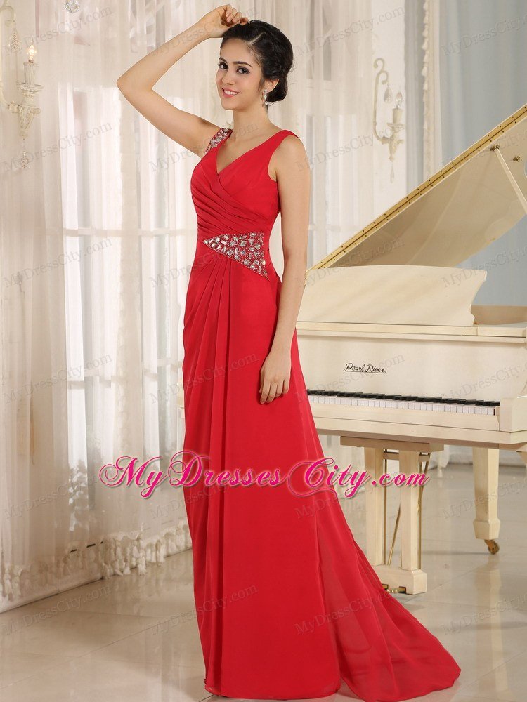 Red Beaded Decorate V-neck Prom Dress For 2013 Spring