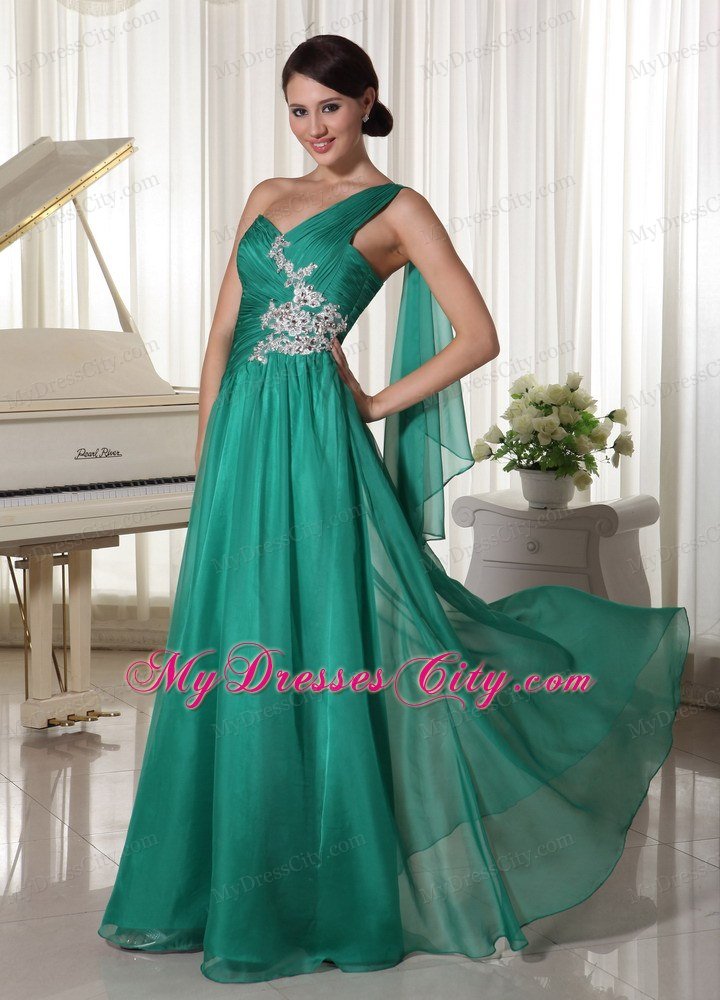 Turquoise One Shoulder Ruched Prom Dress with Side Zipper