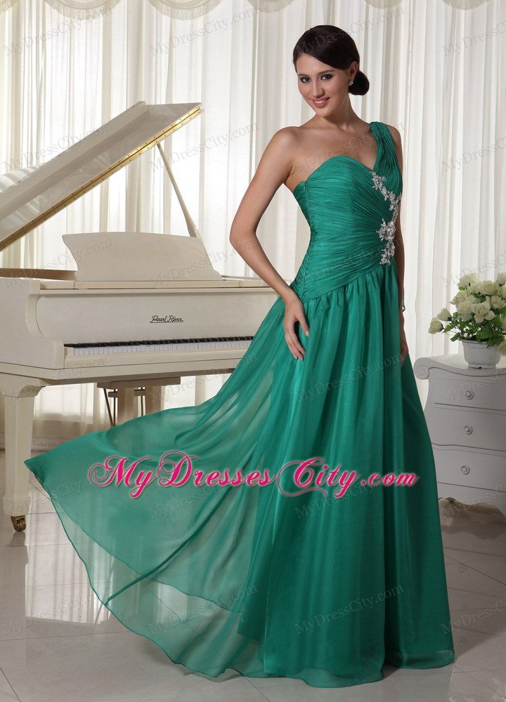 Turquoise One Shoulder Ruched Prom Dress with Side Zipper