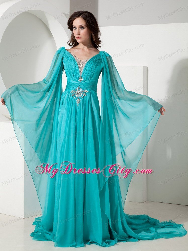 V-neck Court Train Chiffon Beading Prom Dress with Long Sleeves